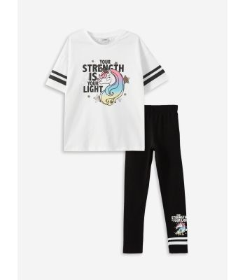 Crew Neck Printed Short Sleeve Girls T-Shirt and Tights