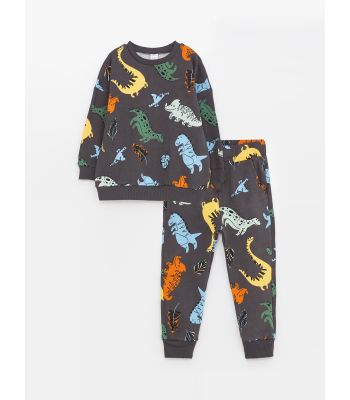 Crew Neck Long Sleeve Patterned Baby Boy Sweatshirt and Tracksuit Bottom 2-Pack Set