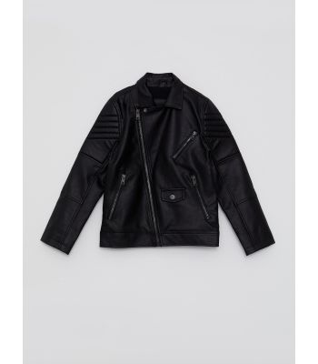 Shirt Neck Faux Leather Boy Coat