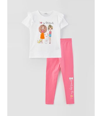 Crew Neck Printed Short Sleeve Girls T-Shirt and Tights