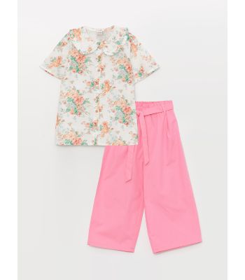 Baby Collar Patterned Short-Sleeved Girl's Shirt and Trousers