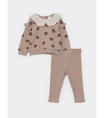 Bebe Collar Long Sleeve Patterned Baby Girl Sweatshirt and Tights 2-Pack Set