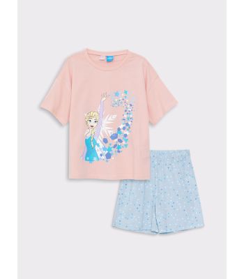 Crew Neck Elsa Printed Short Sleeve Girl's Pajamas Set