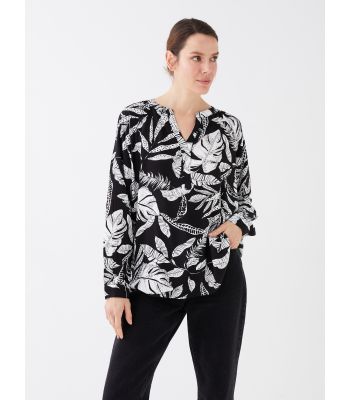 Henley Neckline Patterned Long Sleeve Women's Blouse