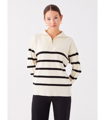 Jacket Collar Striped Long Sleeve Oversized Women's Knit Sweater