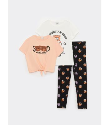 Crew Neck Printed Girl's T-Shirt and Leggings 3-Pack Set