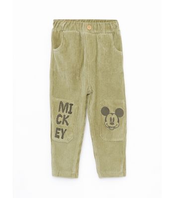 Elastic Waist Mickey Mouse Embroidery Detailed Baby Boy Velvet Trousers