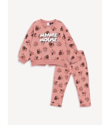 Crew Neck Long Sleeved Minnie Mouse Printed Baby Girl Sweatshirt and Leggings 2-Pack Set