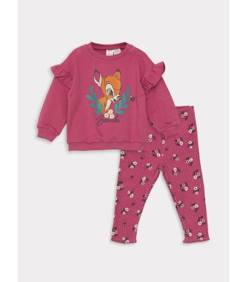 Crew Neck Long Sleeved Bambi Printed Baby Girl Sweatshirt and Leggings 2-Pack Set