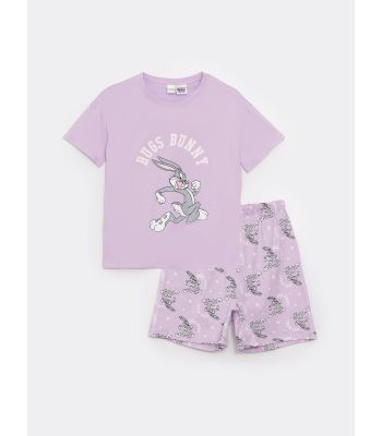 Crew Neck Bugs Bunny Printed Short Sleeve Girls Shorts Pajamas Set