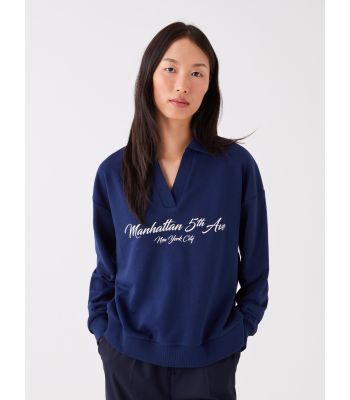 Polo Neck Printed Long Sleeve Oversize Women's Sweatshirt