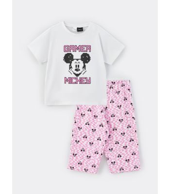 Crew Neck Mickey Mouse Printed Short Sleeve Girl Pajama Set