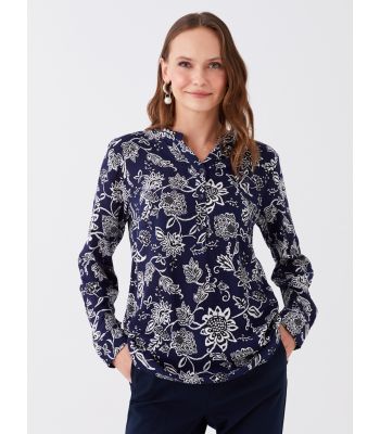 Henley Neckline Patterned Long Sleeve Women's Blouse