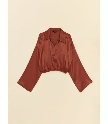 Shirt Collar Straight Long Sleeve Crop Satin Women's Blouse