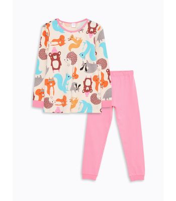 Crew Neck Printed Long Sleeve Girl Pajama Set