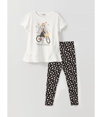 Crew Neck Printed Short Sleeve Girls T-Shirt and Tights