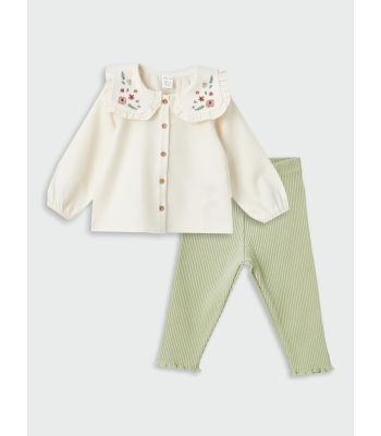 Bebe Collar Long Sleeve Cotton Baby Girl Blouse and Trousers 2-Pack Set