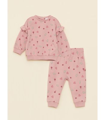 Crew Neck Long Sleeve Printed Cotton Baby Girl Sweatshirt and Trousers 2-Pack Set