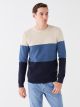 Crew Neck Long Sleeve Men's Tricot Sweater with Color Block