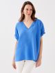 Henley Neckline Straight Short Sleeve Women Blouse