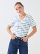 V Neck Striped Short Sleeve Women T-Shirt