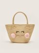 Cat Embroidered Girl Straw Handle Bag