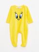 Crew Neck Tweety Embroidered Long Sleeve Velvet Baby Girl Jumpsuit