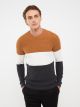 Crew Neck Long Sleeve Men's Tricot Sweater with Color Block