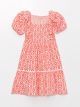 Square Neck Patterned Short Sleeve Girls' Dress