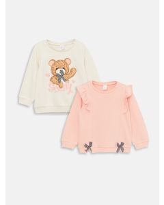 Crew Neck Long Sleeve Printed Baby Girl Sweatshirt 2 Pieces