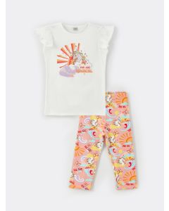 Crew Neck Printed Short Sleeve Girls T-Shirt and Tights