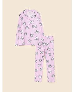 Shirt Neck Printed Long Sleeve Organic Cotton Girl Pajama Set