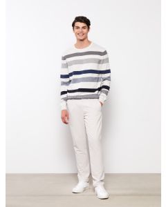 Crew Neck Long Sleeve Striped Men's Tricot Sweater