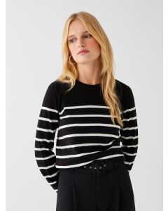 Crew Neck Striped Long Sleeve Women's Tricot Sweater