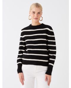 Crew Neck Striped Long Sleeve Women's Tricot Sweater