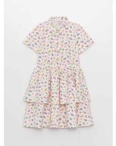 Shirt Collar Patterned Short Sleeve Poplin Girls Dress