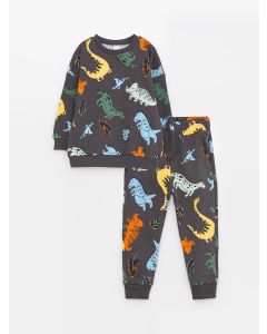 Crew Neck Long Sleeve Patterned Baby Boy Sweatshirt and Tracksuit Bottom 2-Pack Set