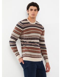 Crew Neck Long Sleeve Patterned Men's Tricot Sweater