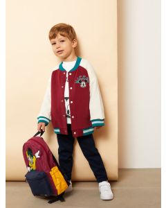 College Collar Long Sleeve Mickey Mouse Embroidered Baby Boy Bomber Jacket