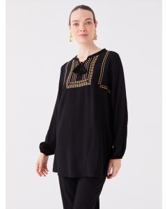 Tie Collar Patterned Long Sleeve Women's Tunic