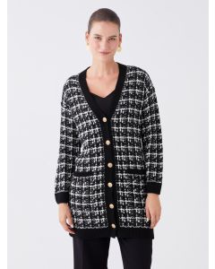 V Neck Patterned Long Sleeve Women's Tricot Cardigan