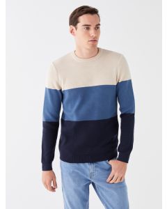 Crew Neck Long Sleeve Men's Tricot Sweater with Color Block