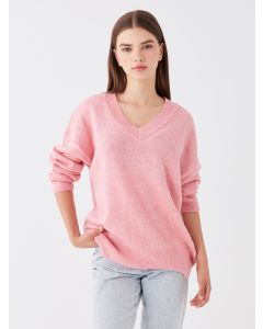 V-Neck Straight Long Sleeve Oversize Women's Knitwear Sweater