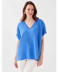 Henley Neckline Straight Short Sleeve Women Blouse