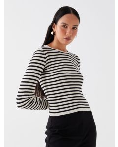 Crew Neck Striped Long Sleeve Women's Tricot Sweater