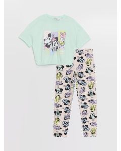 Crew Neck Disney Printed Short Sleeve Girls T-Shirt and Tights