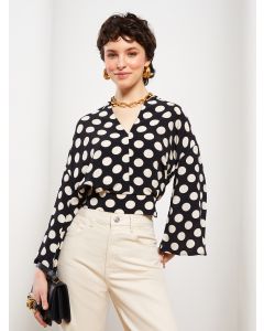 V Neck Polka Dot Long Sleeve Viscose Women's Blouse