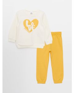 Crew Neck Long Sleeve Printed Baby Girl Sweatshirt and Trousers 2-Pack Set
