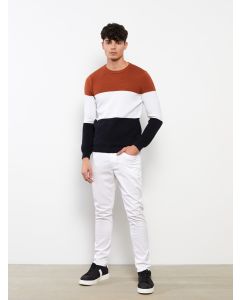 Crew Neck Long Sleeve Men's Tricot Sweater with Color Block