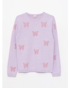 Crew Neck Patterned Long Sleeve Girl Tricot Sweater